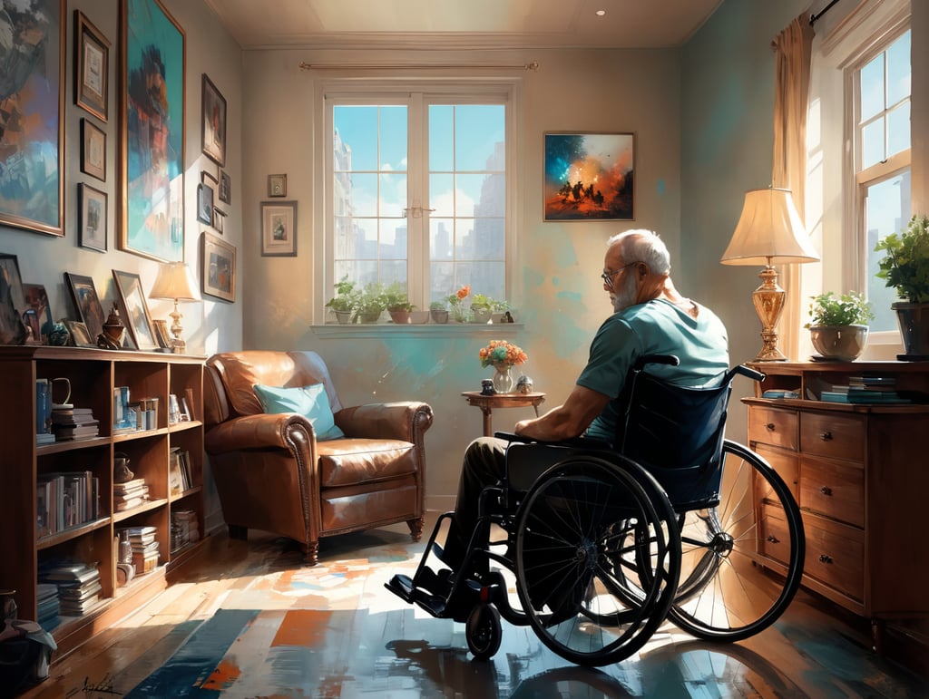 In a softly lit, cozy living room, a man sits in his wheelchair, a look of determination on his face. His wife stands beside him, her hand on his shoulder, radiating unwavering support and love. On the wall, a shelf holds numerous medals and awards, a testament to his strength. This one frame scene embodies resilience in adversity, showcasing the man's wheelchair struggle and the steadfast support of his loving wife.