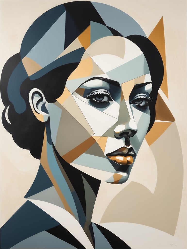 Create an abstract portrait of a woman, blending the flowing simplicity of a silhouette with the geometric fragmentation of Picasso's style. The figure is minimal yet expressive, defined by bold, sweeping lines and fragmented shapes that capture the essence of her form without full detail. The portrait combines smooth curves with sharp angles, playing with proportions and perspective to evoke a sense of emotion and depth. Elements of abstraction swirl around the silhouette, enhancing the dynamic tension between softness and sharpness, light and shadow. The result is a unique fusion of fluidity and geometry, creating a powerful, contemporary interpretation of femininity.