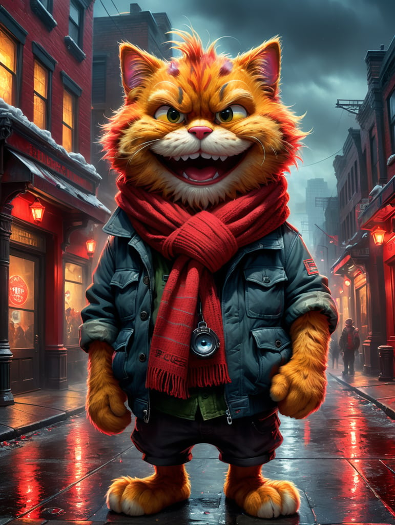 A cute flufy Garfield, standing outside wearing a red scarf,on a dystopian street, photorealistic urban punk, dark atmosphere with bright accents, contrast lighting.