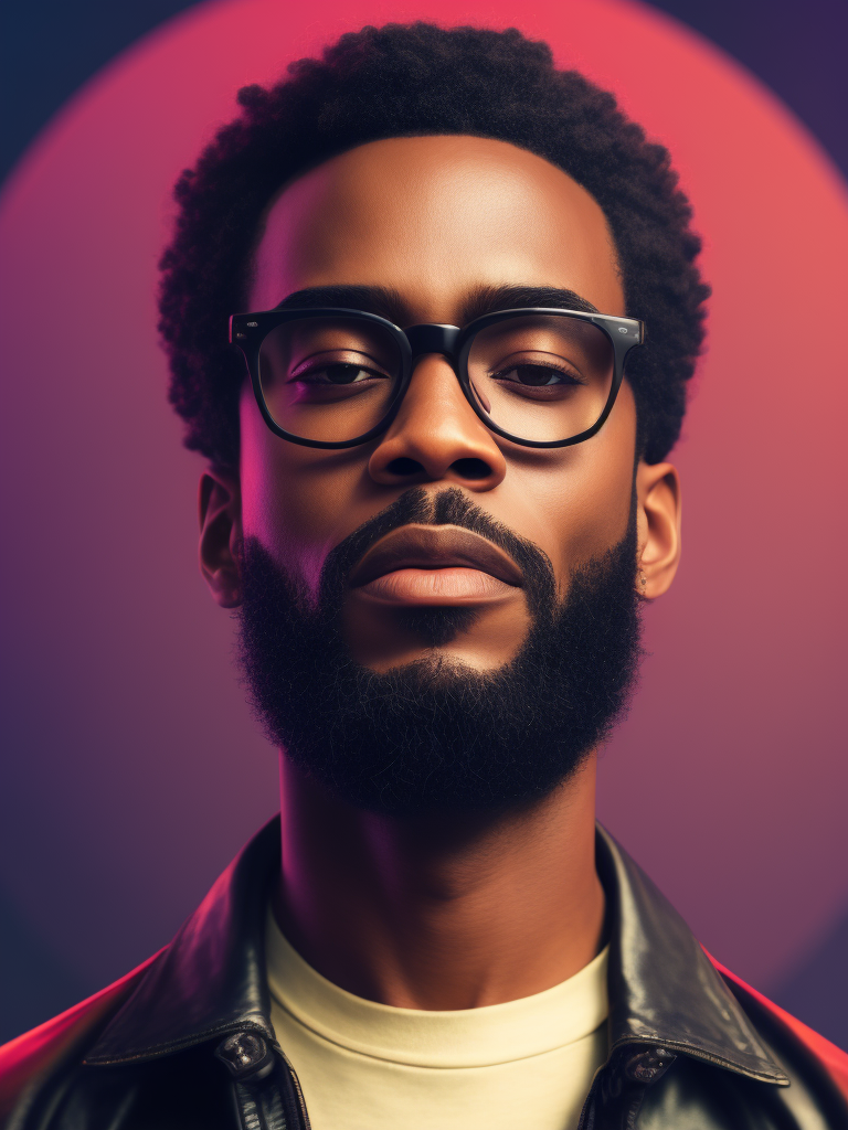 Detailed portrait of the singer the Weekend, Glasses with colored lenses, bright saturated colors, with a small beard, afro hairstyle, bright gradient background,