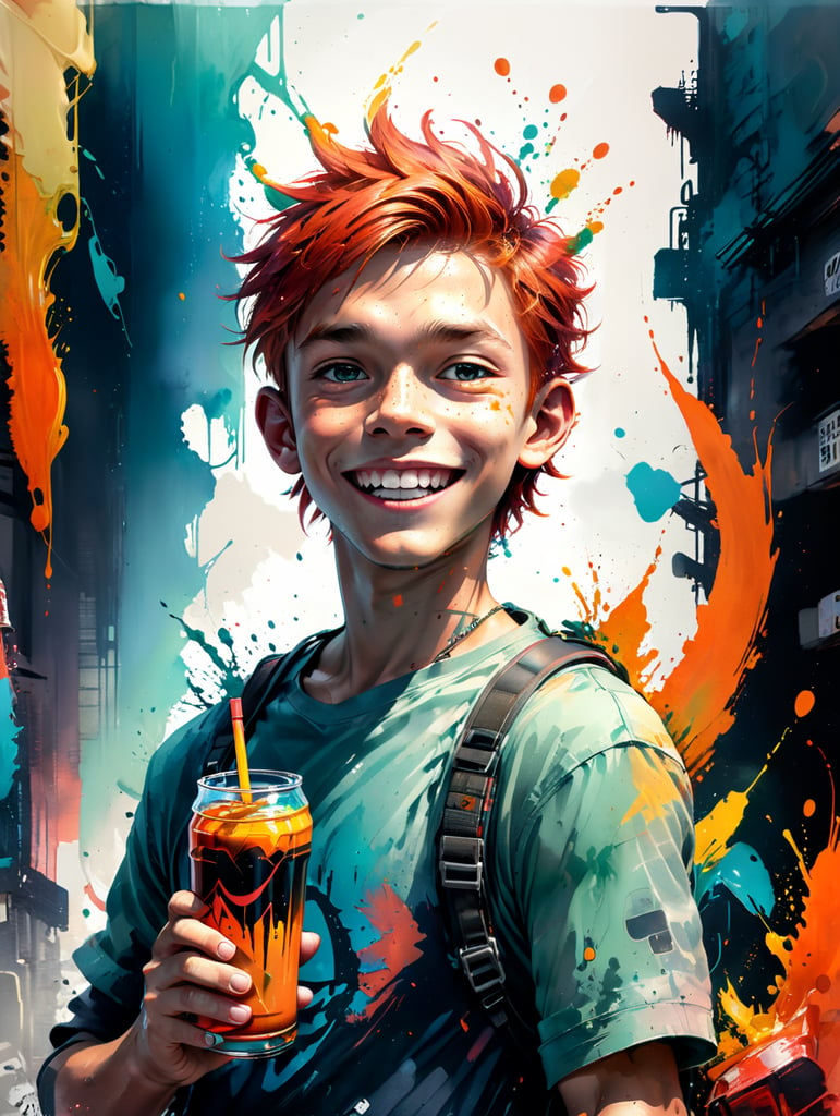 tony Disney Pixar-style young ginger boy with braces on teeth and energy drink in hand, digital art, full-body
