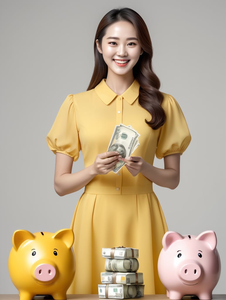 4k high resloution hd image,Korean woman happy smile lady and holding piggy bank with money, dresses yellow, isolated over white background