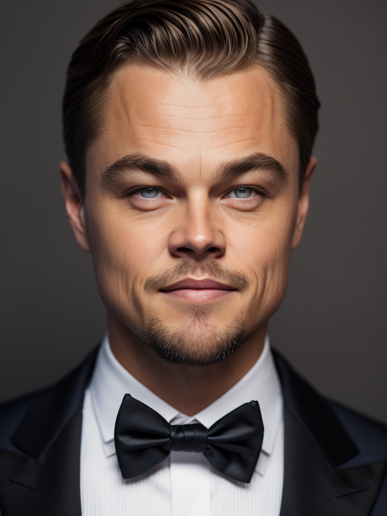Portrait of Leonardo DiCaprio in a bow tie tuxedo, contrasting light, detailed face, muted tones