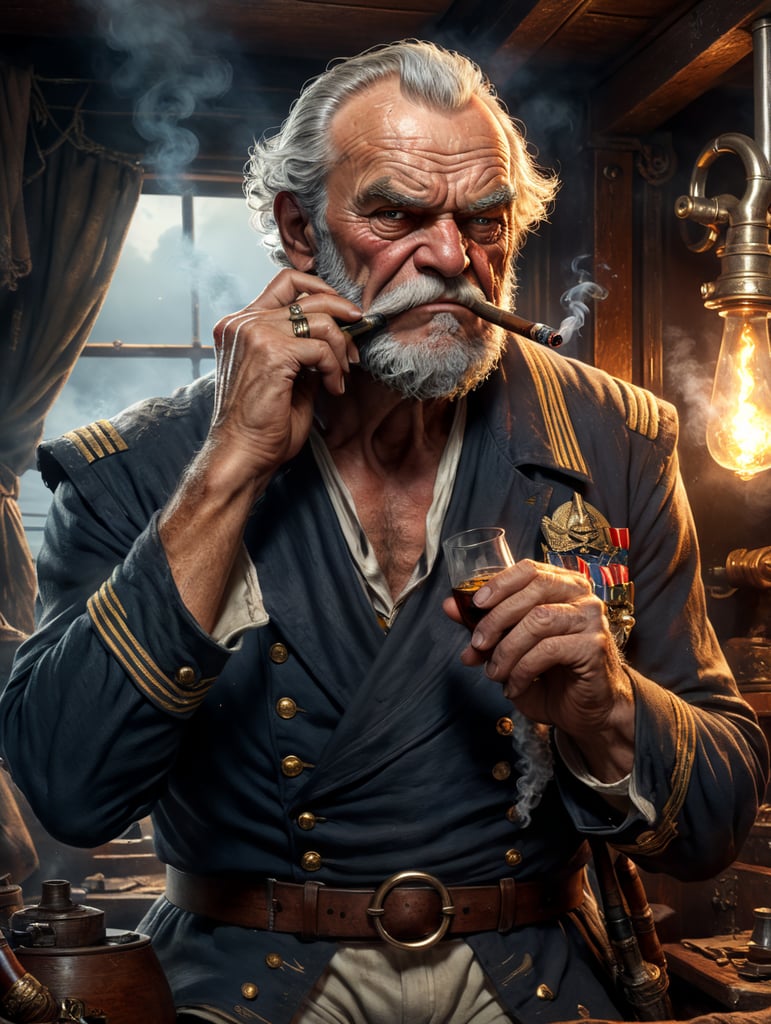 grumpy old sailor captain, torn and tattered clothes, smoking a pipe, comic book art