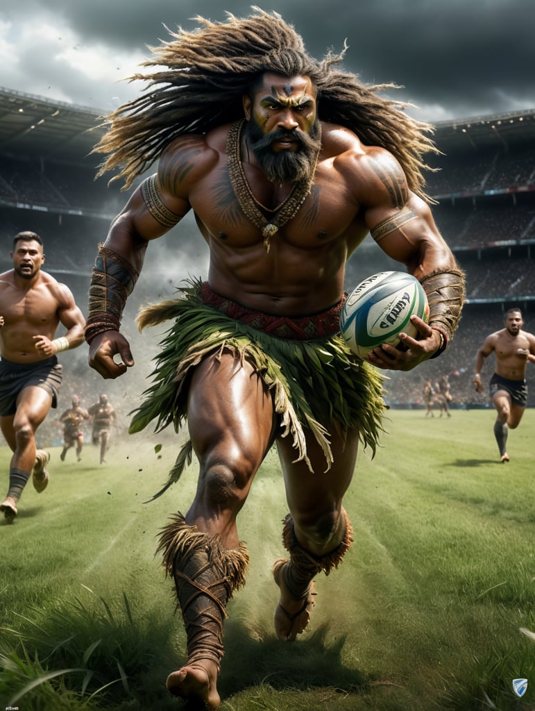 A Fijian warrior with long hair dressed in grass skirts running with a rugby ball in his hand, scoring a try🏉