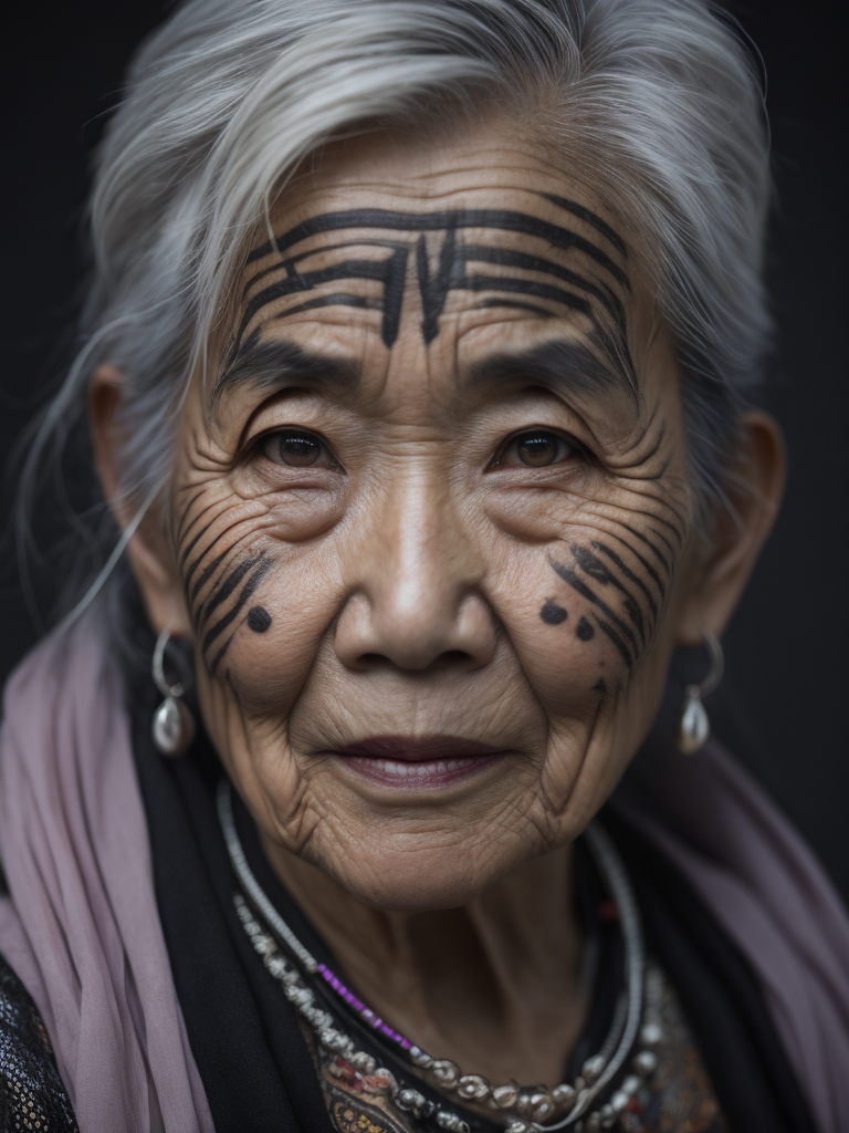 Elderly Asian woman with tattoos on her face, shaman, gray hair, jewelry, black background, black eyes
