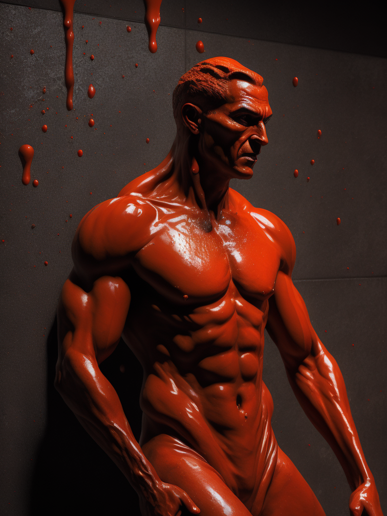 Red plastic statue of a man melting into the concrete concrete room dark and moody