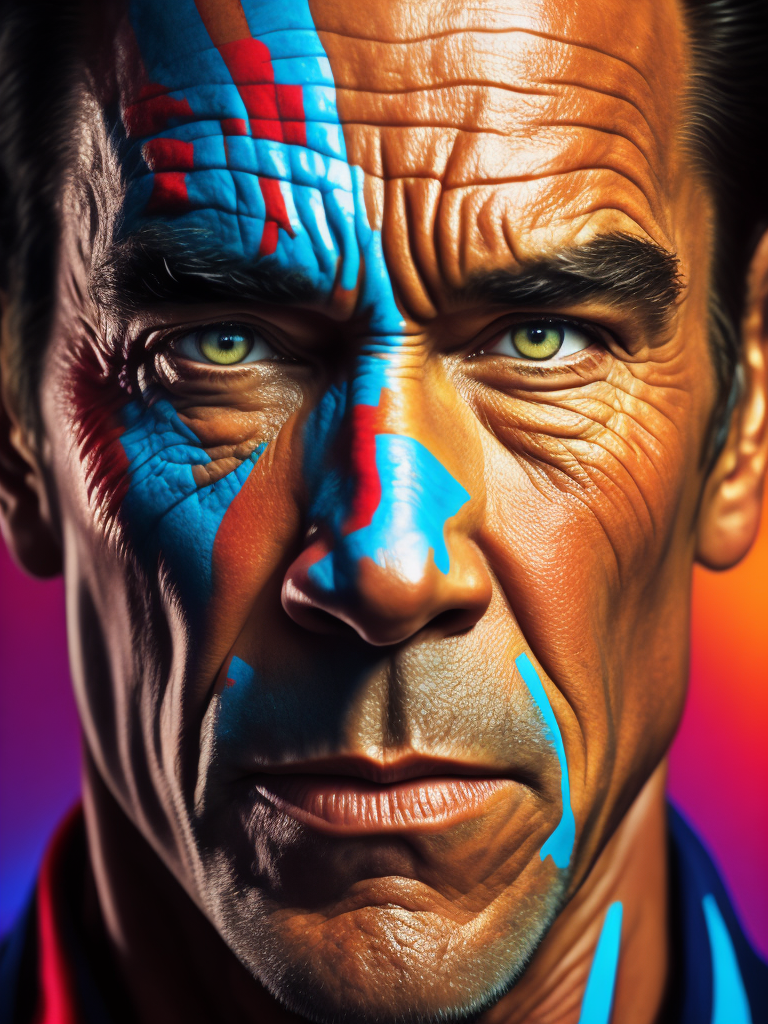 Portrait of Arnold Schwarzenegger, bright and saturated colors, elegant, highly detailed, vogue, fashion magazine, sharp focus, bright expressive makeup, dramatic lighting, depth of field, incredibly high detailed, blurred background