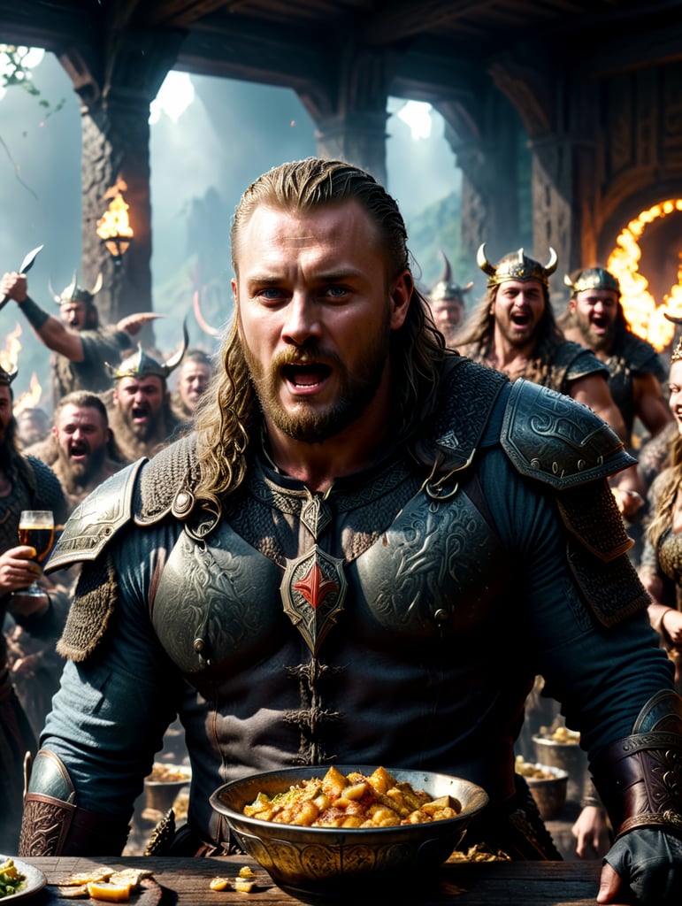 Ragnar Lothbrok having fun in Valhalla with the gods, a lot of food on the tables, women dancing, a lot of ale