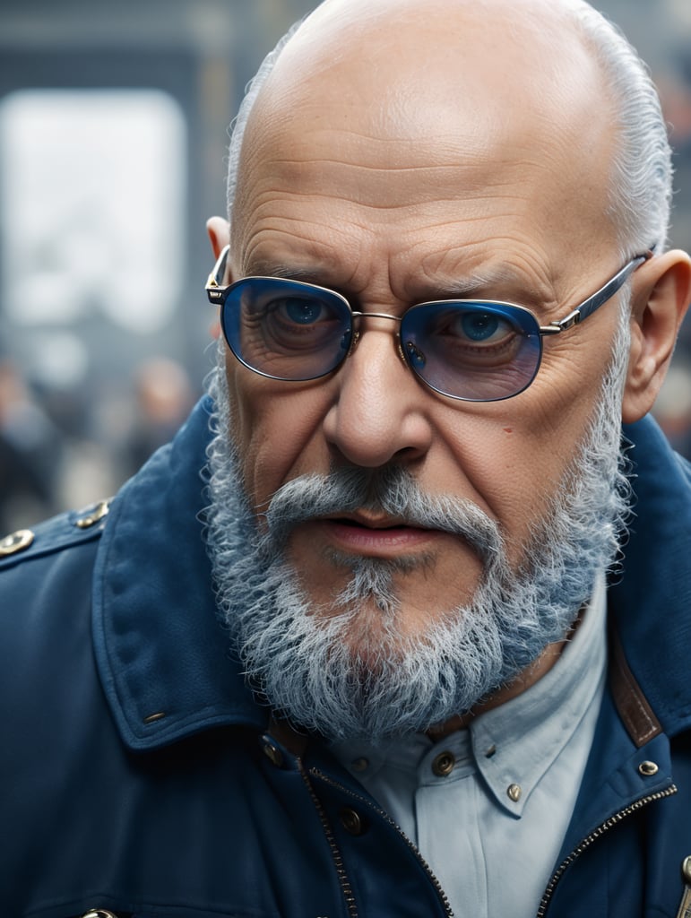 An old bald man with a gray beard, wearing a blue jacket and Moscot glasses