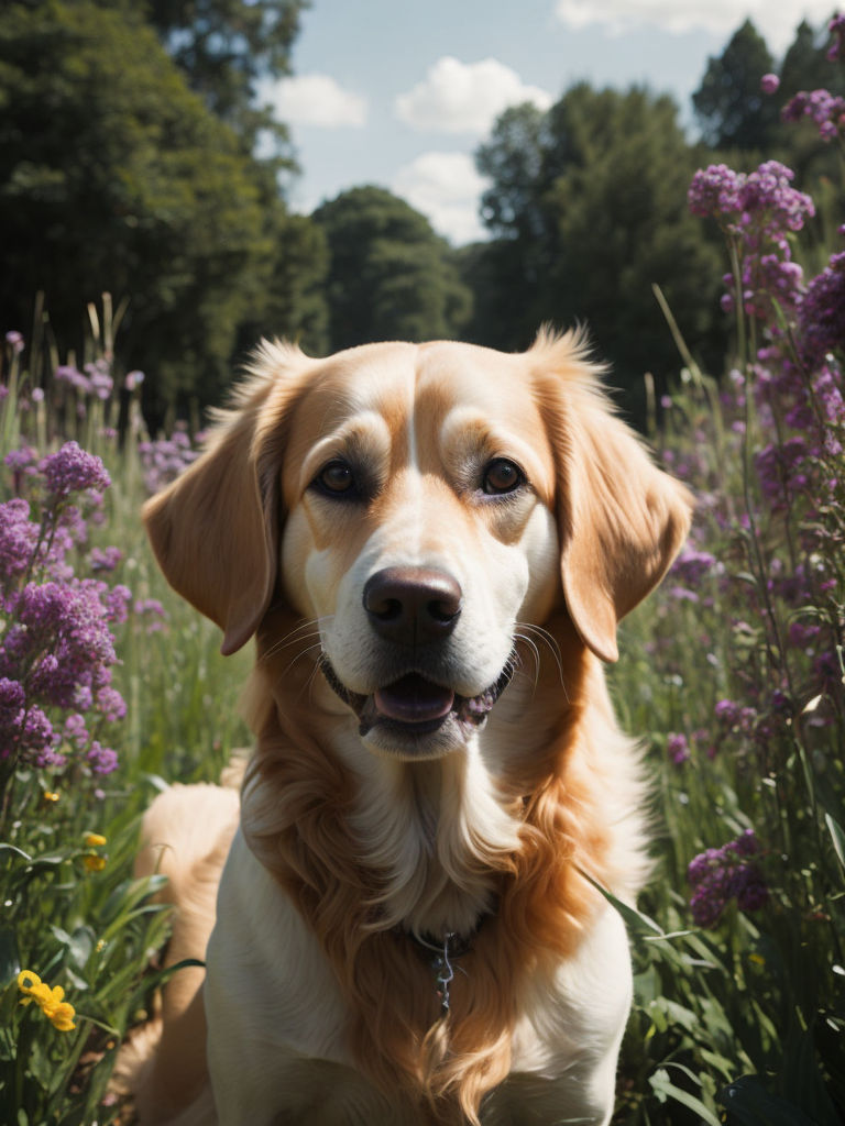 dog is sitting on a garden