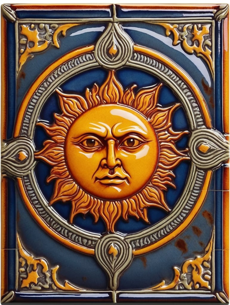 Square ceramic glazed tile with medieval art angry sun, Azulejo