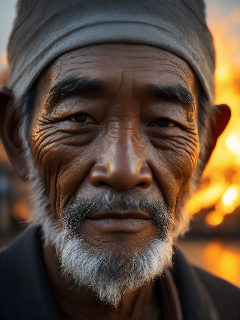 A close-up of a Vietnamese old man's face, illuminated by the light of a fire, with a backdrop of a dirty river and a shanty town.