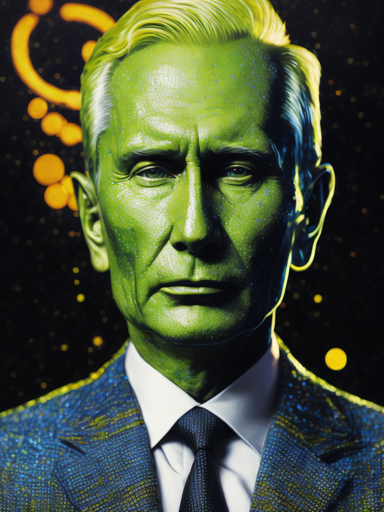Fine Art Fluorescent Pointillism Sci-fi Surrealism Photography, Futuristic Vladimir Putin, Portrait made of hyper-detailed transparent frosted plastic, Moebius Bernard Buffet, van Gogh, Vermeer, Erin Hanson, Pierre Soulages, National Geographic, textured depth, vibrant fluorescent hyperrealism photo