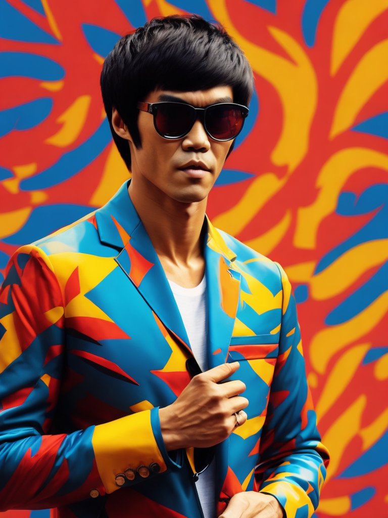 Bruce Lee wearing a brightly patterned jacket and wayfarer glasses, Vivid saturated colors, Contrast color