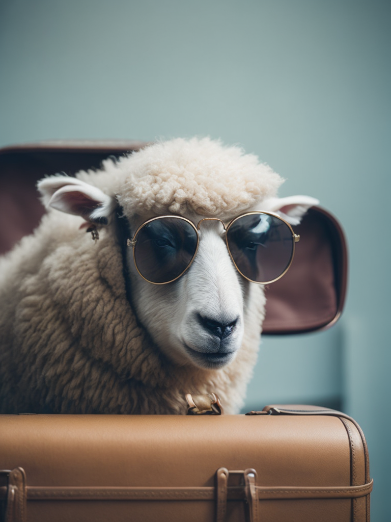 a sheep wearing sunglasses standing beside travel luggage, studio cyan-colored background, sharp detail