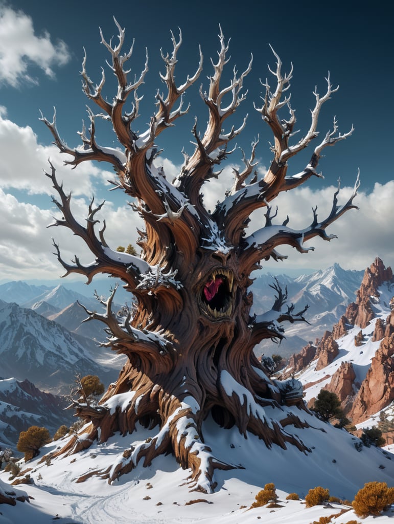 a bristlecone pine and snow covered hills, in the style of otherworldly grotesquery, 32k uhd, ralph bakshi, dark white and brown, dignified poses, natural phenomena, twisted branches