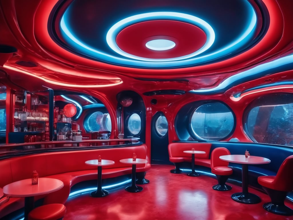 Futuristic interior of UFO cafe. Alien interior, red and blue tones