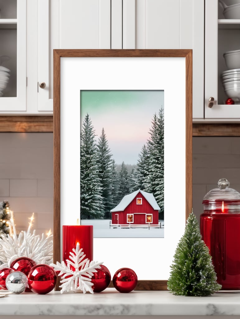 vertical picture frame mockup, cozy farmhouse kitchen, christmas decoration, red, white, green, christmas lights