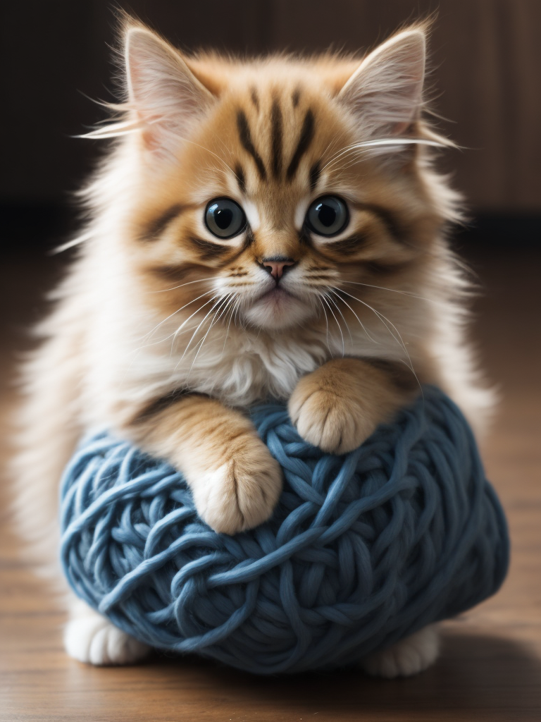 Create an adorable, fluffy kitten playing with a ball of yarn