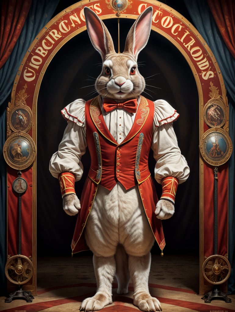 Vintage style circus sideshow poster of a full body anthropomorphic rabbit with the world’s longest ears