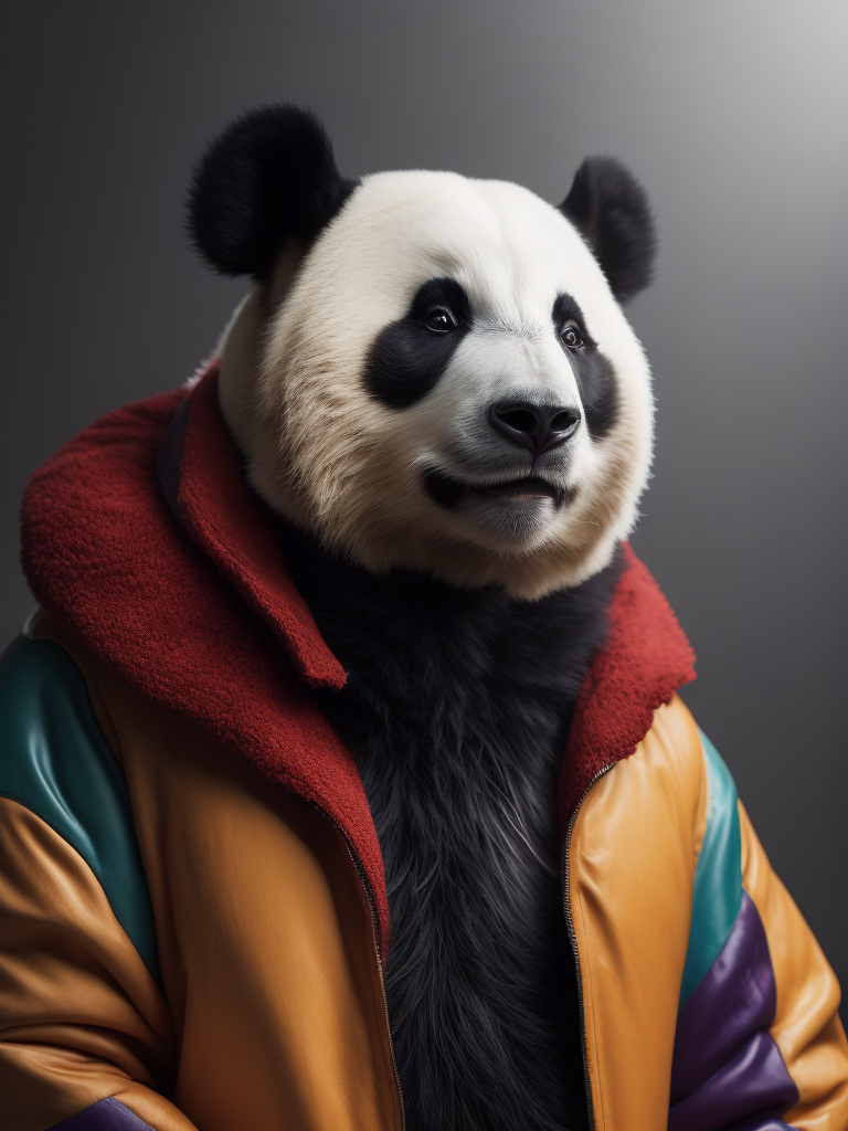 Portrait of a panda dressed in a colorful oversized jacket, Vivid saturated colors, Contrast color, studio photo, professional photo, Rich colors, Detailed image, detailed face