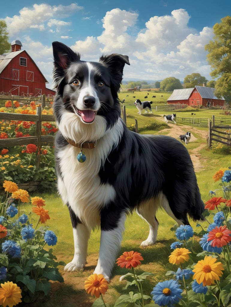 "Imagine a striking image of a Border Collie set against the backdrop of a vibrant, picturesque farm. The Border Collie should be portrayed with its signature intelligence and energy, exuding a lively and friendly demeanor. The farm should be bursting with vivid, lively colors—green pastures, colorful flowers, and a bright blue sky. The collie should stand in the foreground, with the farm's colorful elements providing a cheerful and lively atmosphere. This image should capture the essence of a lively and happy Border Collie enjoying life on a beautiful, vibrant farm."