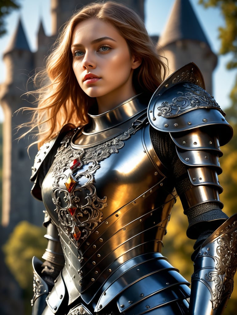(masterpiece), (extremely intricate:1.3),, (realistic), portrait of a girl, the most beautiful in the world, (medieval armor), metal reflections, upper body, outdoors, intense sunlight, far away castle, professional photograph of a stunning woman detailed, sharp focus, dramatic, award winning, cinematic lighting, octane render, unreal engine, volumetrics dtx, (film grain, bokeh, blurry foreground, blurry background), crest on chest