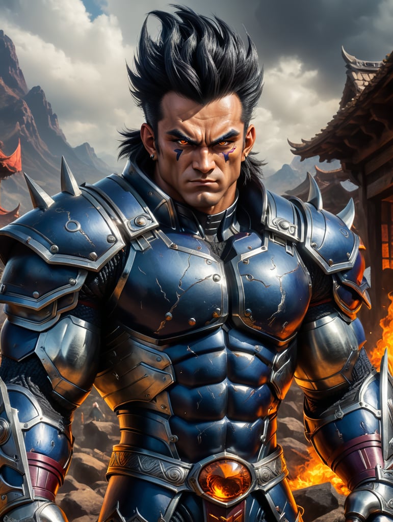 Garlisk is a Saiyan with wild dark hair, piercing dark eyes, and a masculine-toned body. He often dons traditional Saiyan armor, showcasing his heritage and pride.