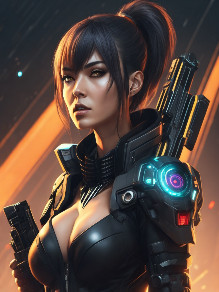 a woman in a futuristic suit holding a gun in her hand, looking at the camera, cyberpunk art, neo-figurative, anime