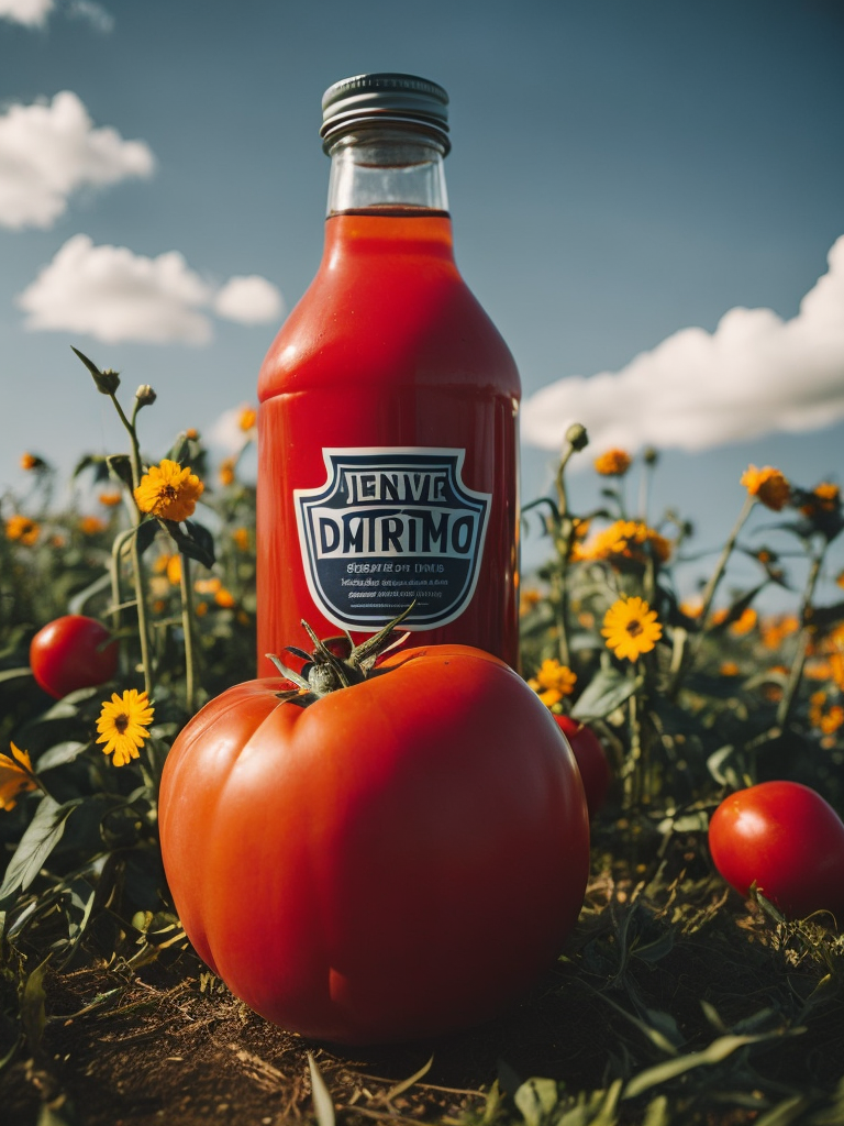several red tomatoes stacked togethe forming a heinz ketchup bottle with some leaves around it, beautiful tomato plantation in the background and a blue sky, short grass and yellow flower + yellow flowers + creamy light + ambient lighting + very beautiful colors
