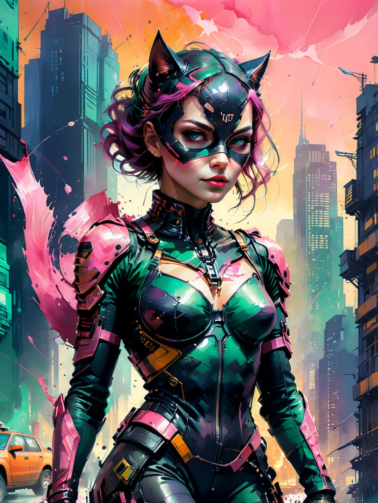 Catwoman in a leather suit with a pink there is a TV in place of the head .in the background of the city which trading with emeralds, pixel style, blocks, vibrant colors, clear details