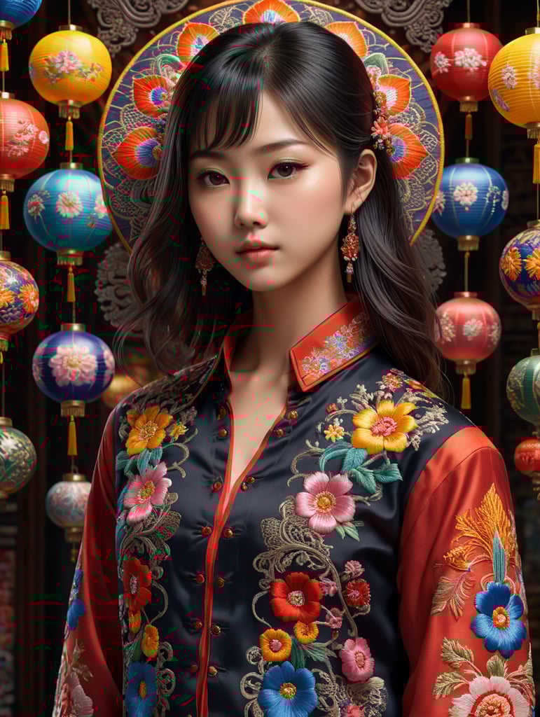 A young Japanese girl stands proudly in his traditional embroidered shirt, surrounded by vibrant colors and intricate patterns. The 8K Ultra HD resolution captures every detail of his outfit, from the delicate stitching to the rich textures. With the use of octane render, this 3D image comes to life in a stunning isometric view.