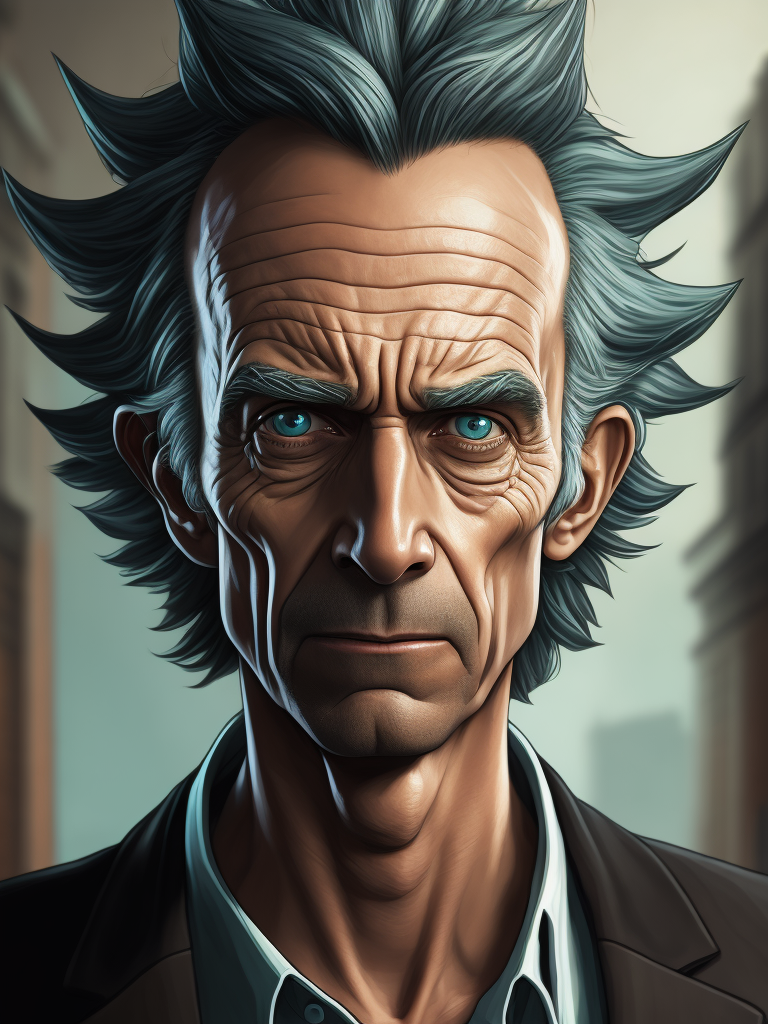 Dibujo de Rick Sanchez, al estilo de Rick and Morty, caracterizado como operador de bolsa