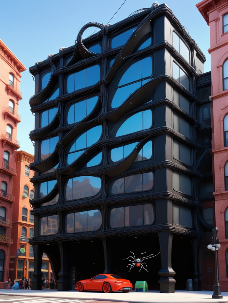 dream prompt: the craziest, bentwood, far view lens architectural modern style hyper realistic hyper detailed neocosmic exterior architecture design of a spider Fluid complex facade, geometric shapes spectrum, black::1 red:3, Antoine Blanchard architecture art style, in new york city, dramatic ambient, natural lighting, camera sony, 8k, --s1000 --style raw, you can imagine