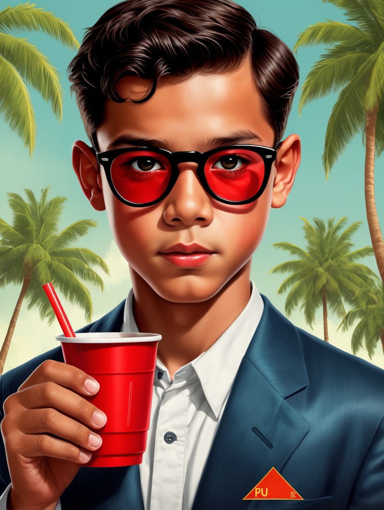 Miami young boy holding a red cup, poster-style drawing and illustration representing the iconic pulp style.