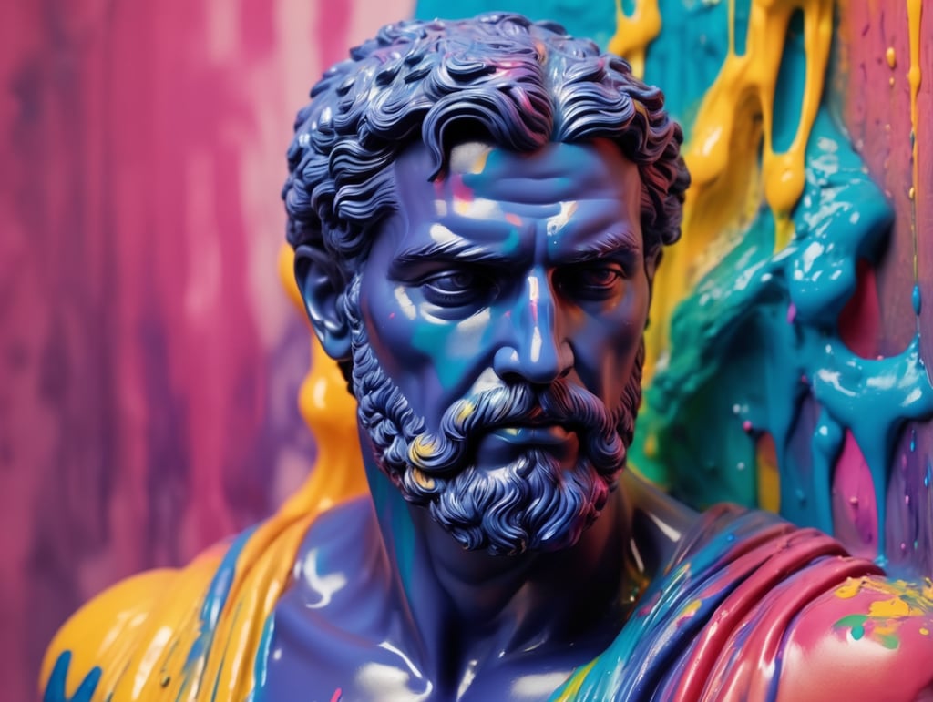 greek male bust with colorful paint, melted, the paint is flowing, aesthetic background