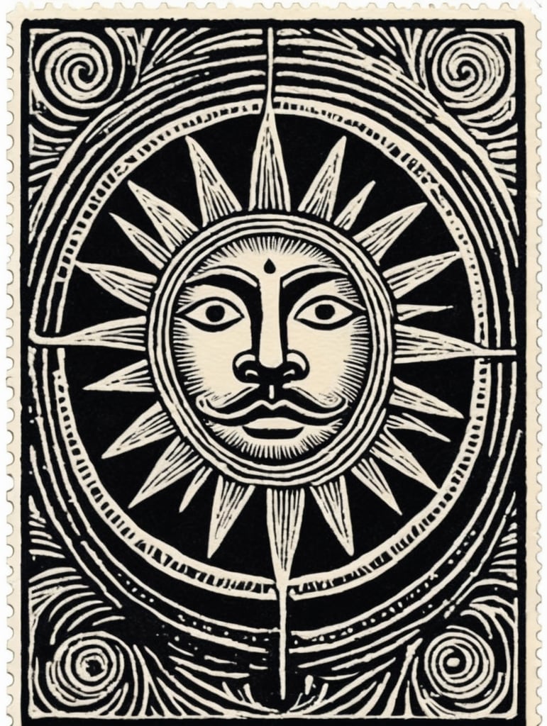 Black and white linocut postage stamp sun king thick bold dark lines