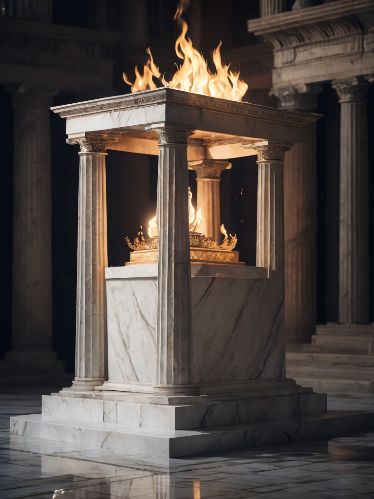 An altar of marble and fire in the greek style in olympus, hyperrealistic