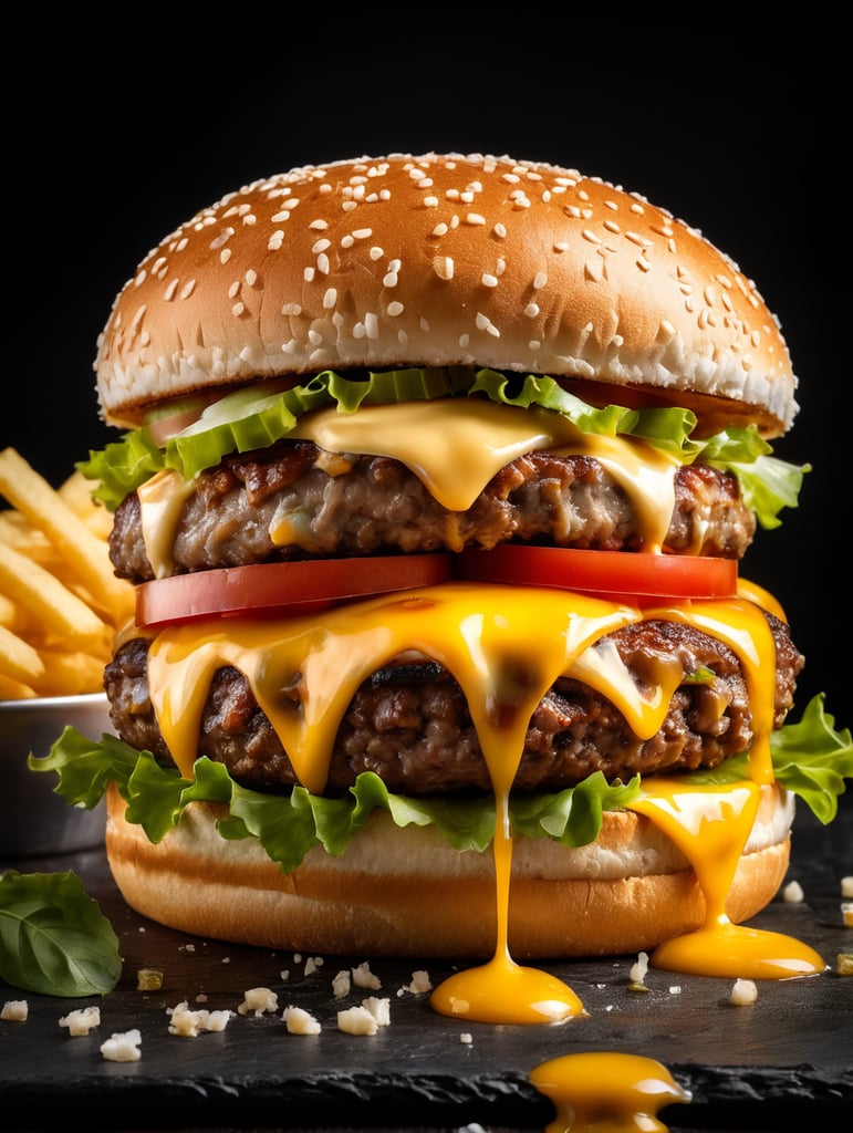 appetizing burger with leaking cheese on black background