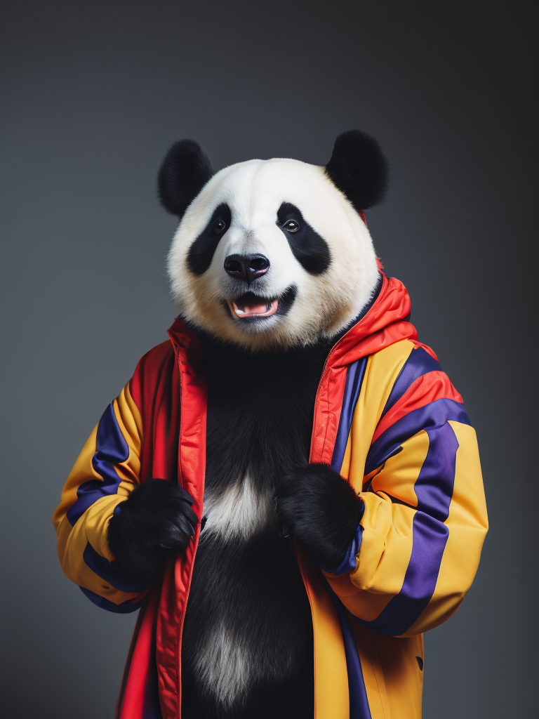 Portrait of a panda dressed in a colorful oversized jacket, Vivid saturated colors, Contrast color, studio photo, professional photo, Rich colors, Detailed image, detailed face