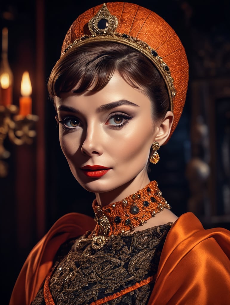 Audrey Hepburn in Halloween costume, Vivid saturated colors, Contrast color