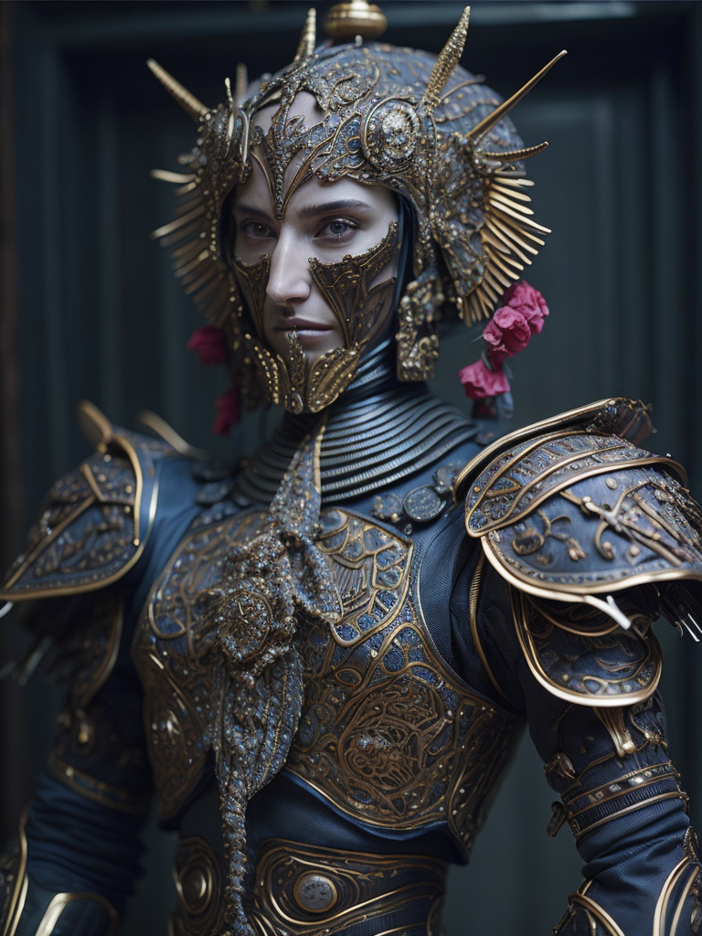 Masterpiece sculpture of an ornate bejeweled mechanical robot samurai , by annie swynnerton and diego rivera and nicholas roerich and jean delville, symbolist, dramatic lighting, god rays, elaborate geometric ornament, art brut, rich colors, smooth, sharp focus, extremely detailed