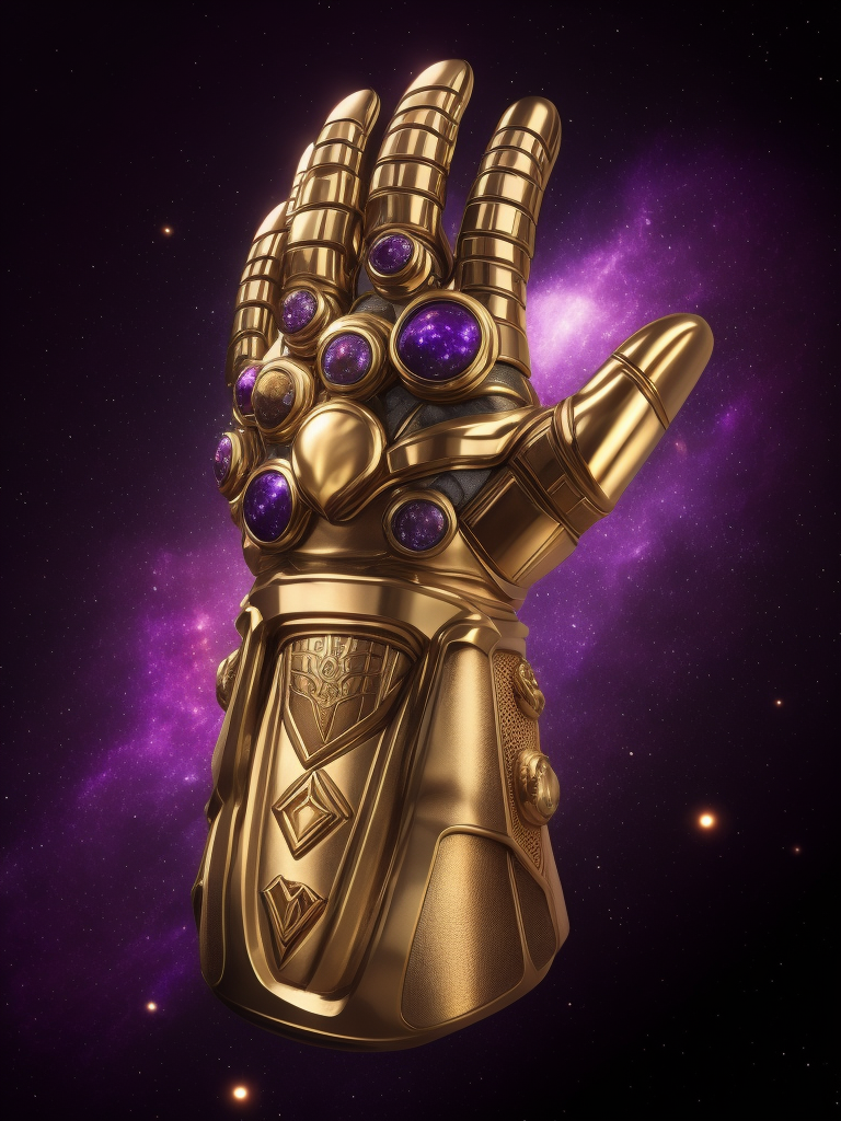 Golden glove of Thanos with infinity stones, Contrast light, 3d render, Dark purple pink background of space, sharp details, high detail