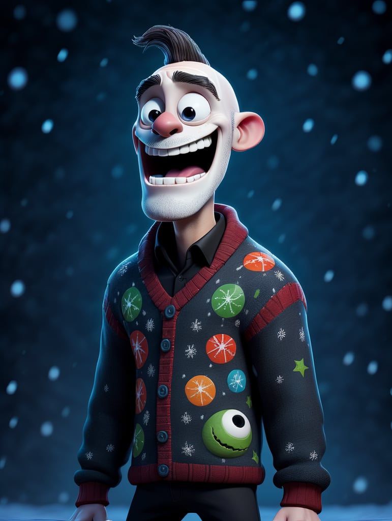 Jack Skellington standing wearing an ugly Christmas sweater