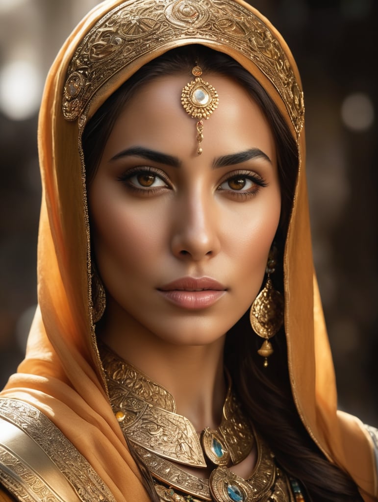 a photorealistic woman golden mage of a stunningly beautiful Emblem of The Middle Eastern unique cultural identities.extremely detailed, detailed symmetrical realistic face, natural skin texture, extremely detailed skin with skin pores, peach fuzz , wearing a masterpiece , absurdres, award winning photo by lee jeffries, nikon d850 film archival photography, kodak portra 400 camera f1.6 lens, extremely detailed, amazing, fine details, rich golden color, texture hyper realistic, spectacular lighting, unreal engine, trending on artstation, cinestill 800 tungsten, looking at viewer, realistic photo, RAW photo, TanvirTamim, high quality, high resolution, sharp