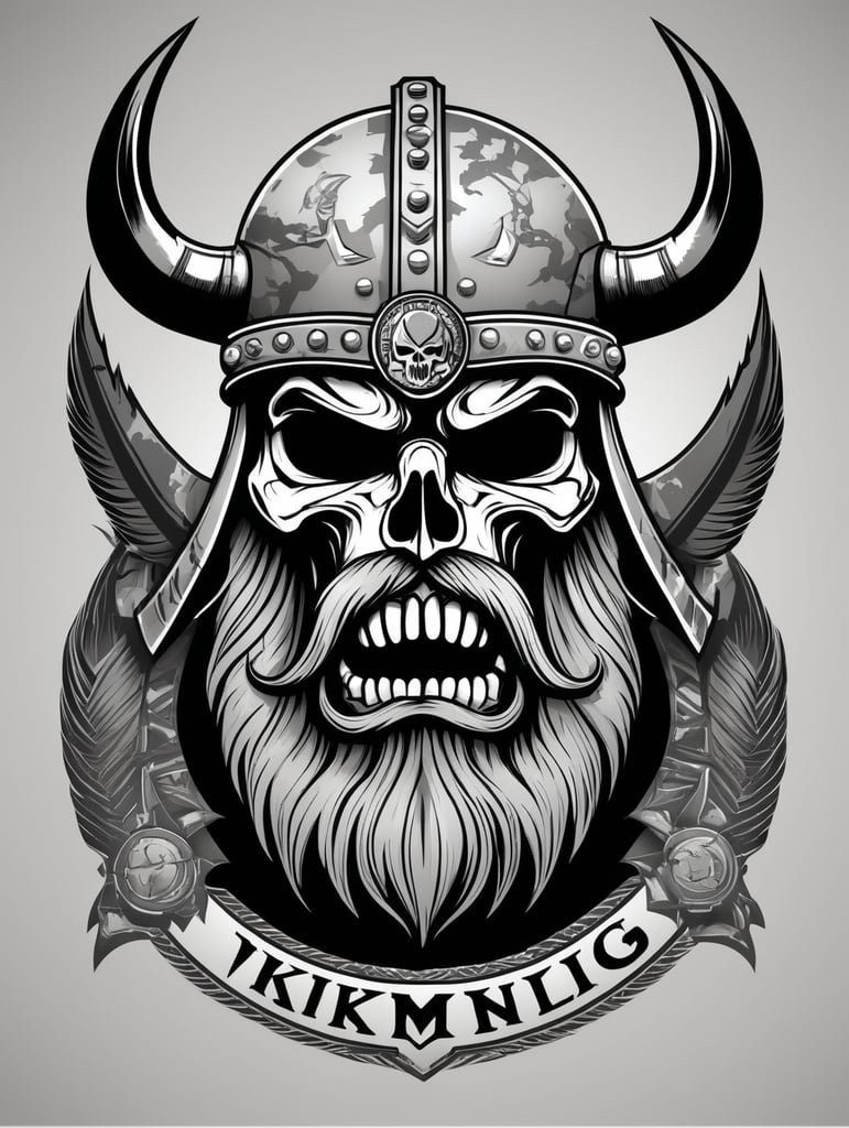 Aggressive Viking with beard skull military chevron logo, black and white, war Logo, vector image