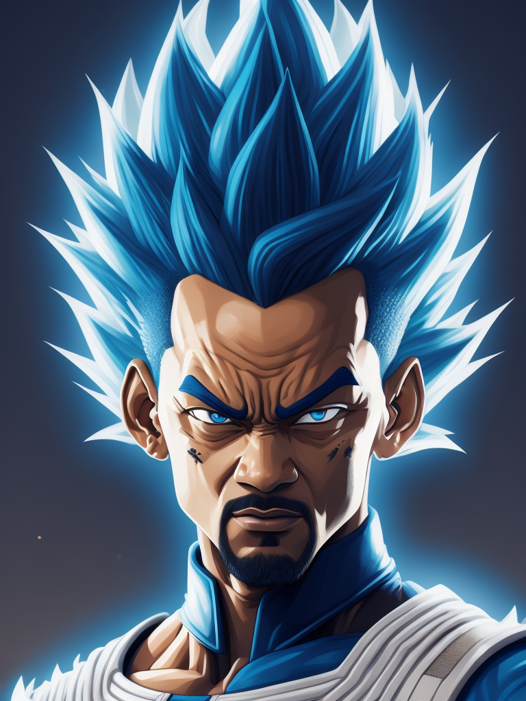 Will Smith as Dragon Ball character Vegeta, aggressive face, blue and white suit, spiky hairstyle, bright saturated colors, bright gradient background,