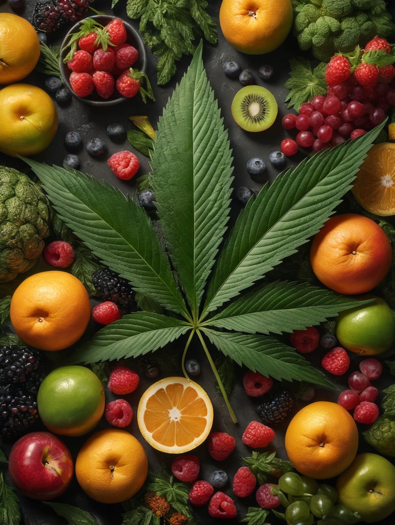 Photorealistic cannabis leaf surrounded by exotic fruit, berries, and vegetables
