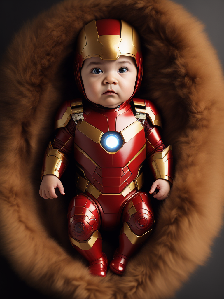 The adorable photo showcases a baby dressed in an iron man costume, capturing the essence of the iconic superhero. the little one is nestled comfortably in a red and gold onesie that mimics iron man's famous armor. the suit features meticulously crafted details, including the arc reactor on the chest and the intricate designs on the helmet. the baby's chubby cheeks and bright eyes give them an extra dose of cuteness as they gaze curiously at the camera, seemingly ready to take on the world.